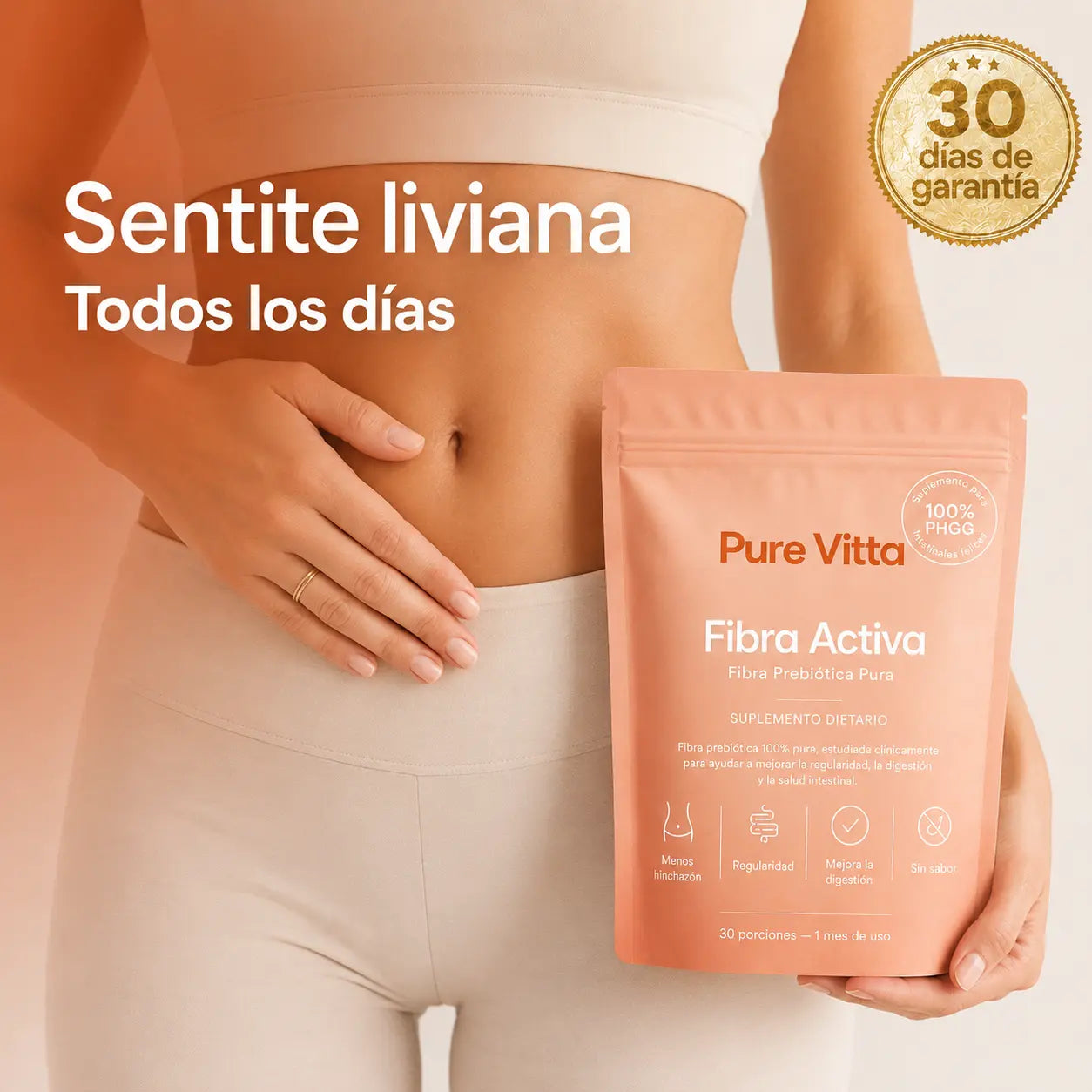 Fibra Activa de Pure Vitta en la mano, con el sello de 30 días de garantía
